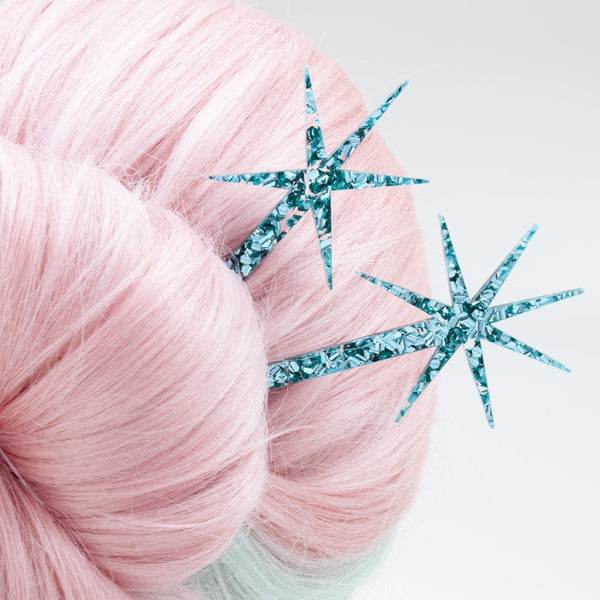 Teal CHUNKY Glitter Starburst Hairsticks