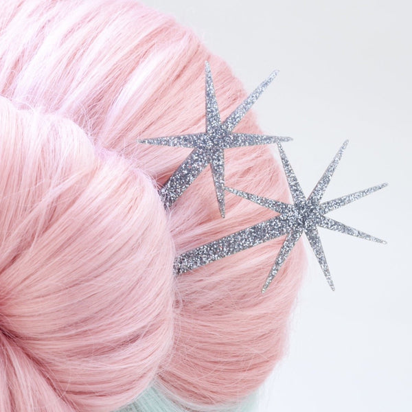 Silver Glitter Starburst Hairsticks