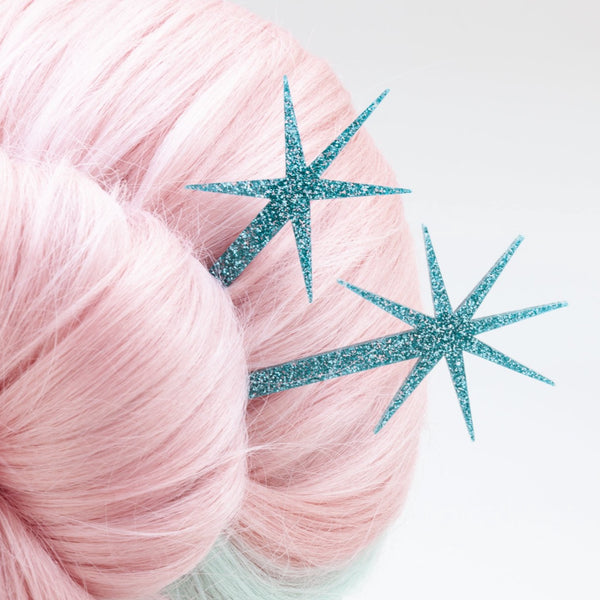 Teal Glitter Starburst Hairsticks